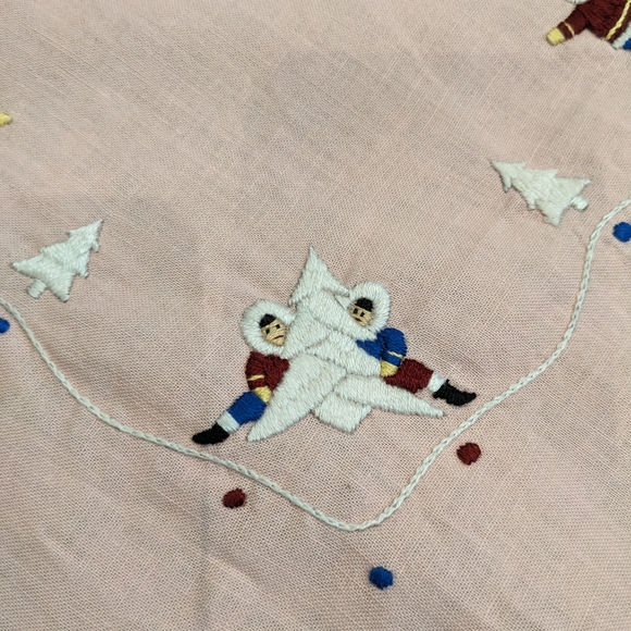 Unique Vintage Pink Christmas Tablecloth Decor 34" Embroidered Figures Signed - Picture 8 of 12